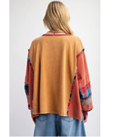 Easel Multicolor Plaid Print Color Block Button Long Sleeve Top - Picture 3 of 3